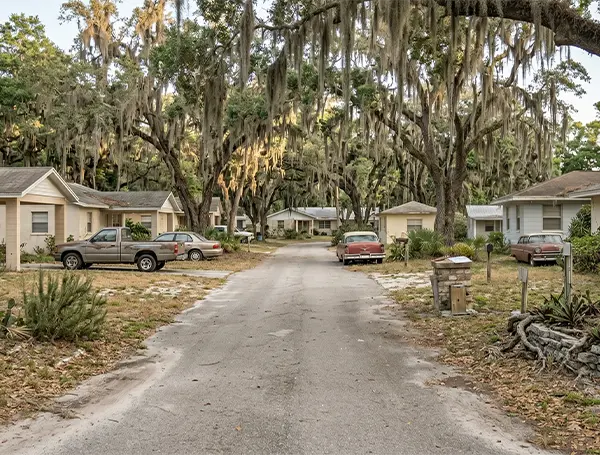 Quiet residential street with single-family homes and oak trees in Spring Hill Florida