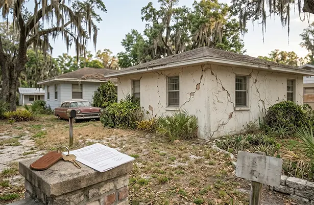 House keys and legal foreclosure paperwork on a brick post in front of a Brooksville Florida home