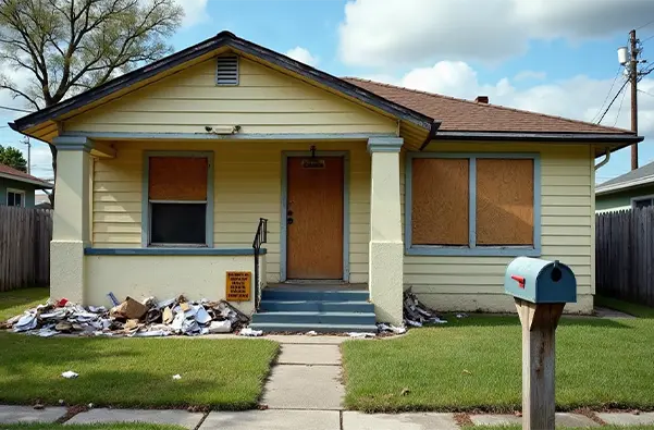 One-story yellow house in New Port Richey Florida with boarded-up windows and trash piled by front porch