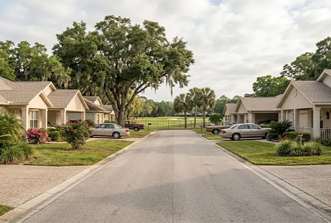Paved street lined with attached single-story villa homes in a Spring Hill Florida 55+ community
