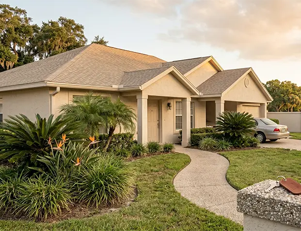 Single-story villa home with landscaped walkway and keys on a pillar in a Spring Hill Florida 55+ community