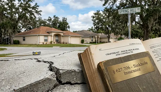 Florida Statute legal book open to sinkhole insurance laws next to cracked driveway in Spring Hill