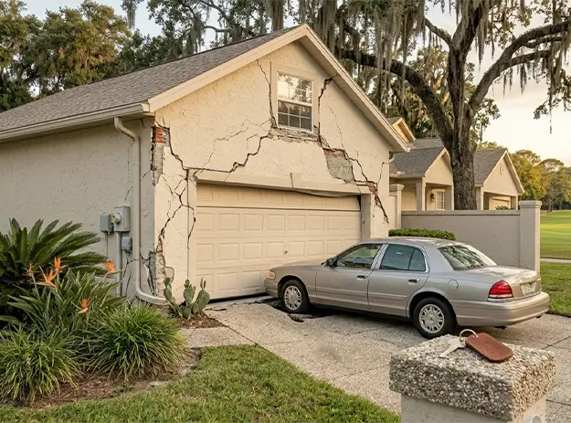 Exterior of a Spring Hill FL home showing severe foundation and stucco cracks above the garage