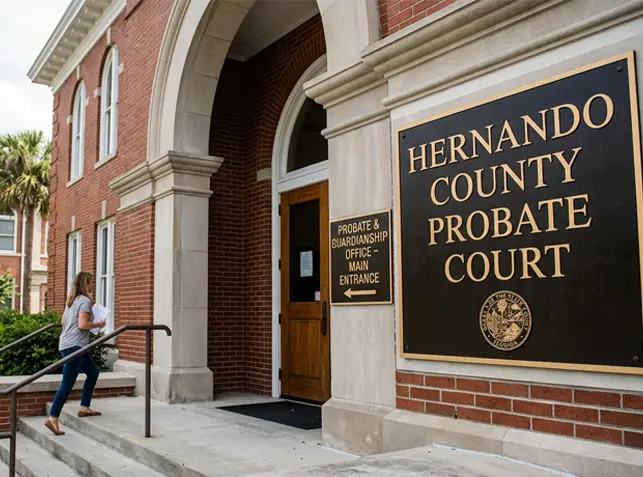 Exterior entrance of the Hernando County Probate Court building with official signage